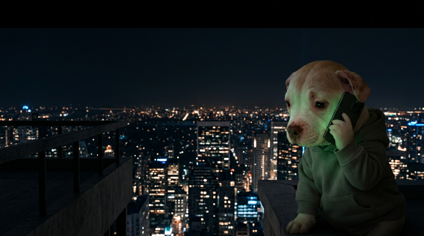 The Caller puppy making a phone call above the city